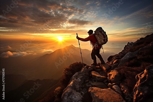 Adventurous hiker triumphantly conquers the breathtaking summit of a majestic mountain