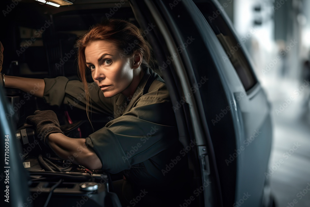 Mechanic working under the hood at the repair garage. Portrait of a mechanic woman working on a car in an auto repair shop. Female mechanic working on car Mechanic working under the hood at the repair garage. Portrait of a mechanic woman working on a car in an auto repair shop. Female mechanic working on car