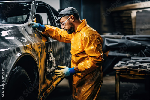 Professional car body worker fixing and repairing bus at maintenance service or garage.Professional  Man is preparing car for painting.