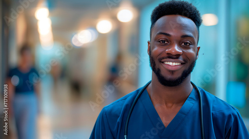 Jóvenes enfermeras o médicos sonriendo en el pasillo del hospital 