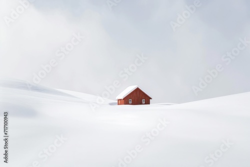 Snowy winter landscape with a wooden house in the middle of it. A serene landscape covered in a pristine blanket of snow. 