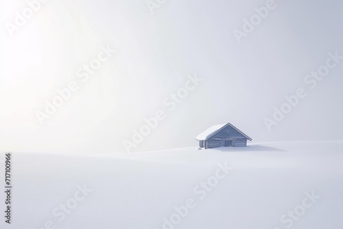 Snowy winter landscape with a wooden house in the middle of it. A serene landscape covered in a pristine blanket of snow.  © Oskar Reschke