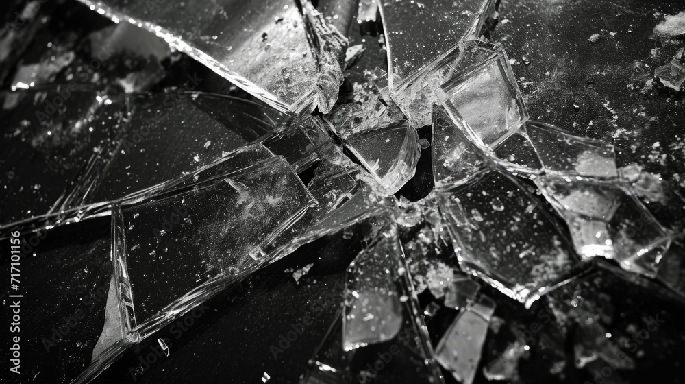 Broken glass on a black background. Black and white photo. A shattered mirror revealing fragments of a crime scene, reflecting the aftermath. Harsh contrasts and gritty details in black and white. - obrazy, fototapety, plakaty 