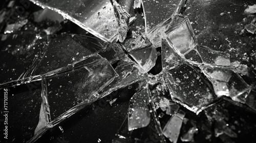 Broken glass on a black background. Black and white photo. A shattered mirror revealing fragments of a crime scene, reflecting the aftermath. Harsh contrasts and gritty details in black and white. photo