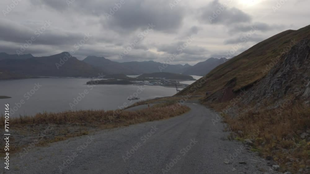 Hiking down Mount Ballyhoo in Unalaska Dutch Harbour, Alaska, USA Hiking down Mount Ballyhoo in Unalaska Dutch Harbour, Alaska, USA