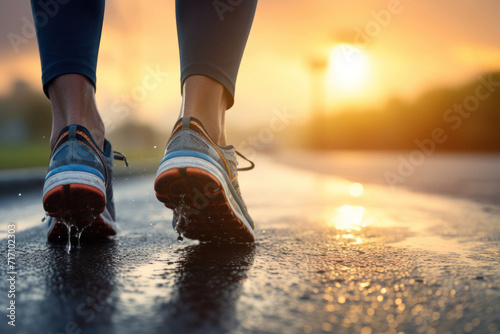 Rainy morning,close up sport shoes and legs of runner on wet road for fitness healthy lifestyle.