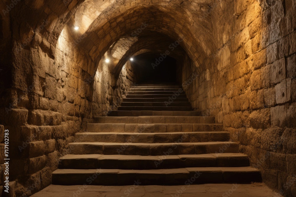 Descend the Depths: Stone Stairs in an Underground Tunnel under a Medieval Fortress