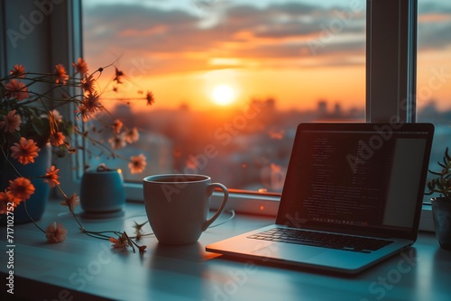Golden hour work scene: laptop and coffee on a table by the window. Remote work and online earning at its best in a tranquil home office setting.