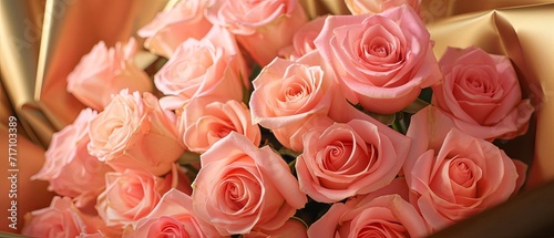 pink roses bouquet in a gold wrapping
