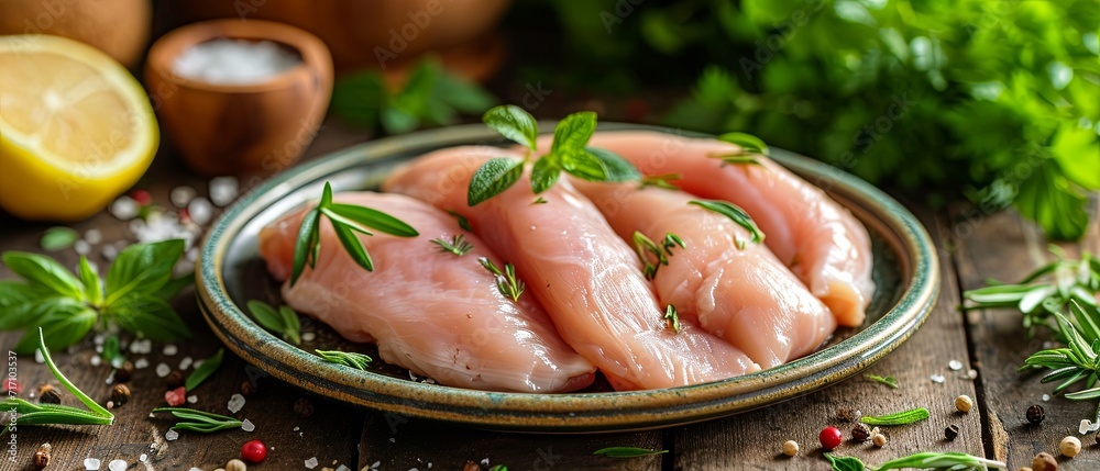 Please make a photo of the product poster with the raw chicken on the plate Please make a photo of the product poster with the raw chicken on the plate
