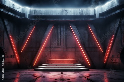 Futuristic stage with neon thunderbolt lights in a grungy concrete room. Generative AI
