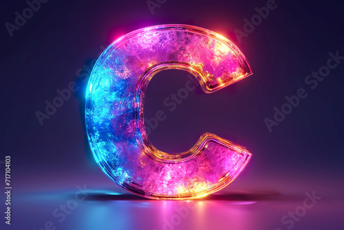 Letter C - colorful glowing outline alphabet symbol on blue lens flare dark background © Dipankar