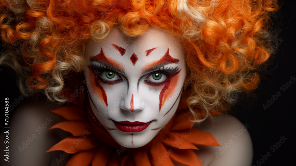Close up of a beautiful female clown with orange hair and clown makeup.