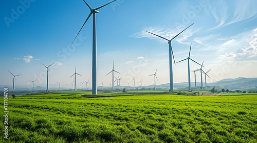 windmills turbines in a natural field for wind generation of hydrogen out of air or water into pipeline, Green hydrogen nitrogen to form nitrogen fertilizer production banner concept 