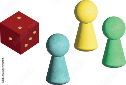 A dice and three pieces for movement. Board game kit. Illustration dice and three chips