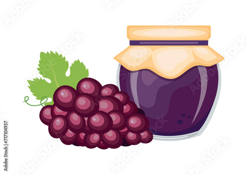Grape jam in glass jar and fresh red grape vector illustration. Glass of grape marmalade design element. Grape jam jar icon set isolated on a white background