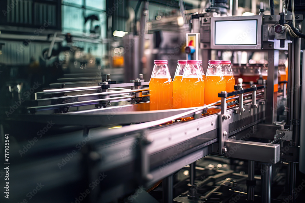 Process of beverage manufacturing on a conveyor belt at a factory.Background