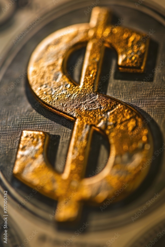 A gold dollar sign sits on top of a pile of money. This image can be used to represent wealth, finance, or success A gold dollar sign sits on top of a pile of money. This image can be used to represent wealth, finance, or success