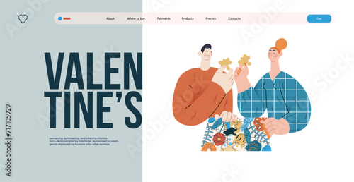 Valentine: Unexpected Match -modern flat vector concept illustration of a couple with duplicate puzzle pieces, a twist in their completion. Metaphor for life's surprising coincidences in relationships