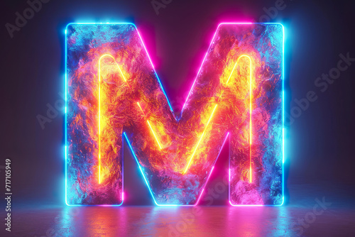 Letter M - colorful glowing outline alphabet symbol on blue lens flare dark background
