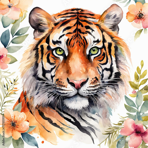 This is a vibrant watercolor painting of a tiger s face  showcasing intense and captivating details. The tiger has striking yellow-green eyes that are full of intensity