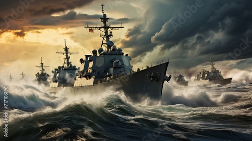 Powerful warship destroyers launching missiles for special military navy operations
