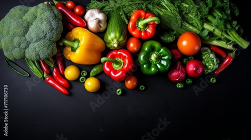 photo top view of ripe fresh vegetables colorful bell peppers tomatoes garlic broccoli and green onion on black background