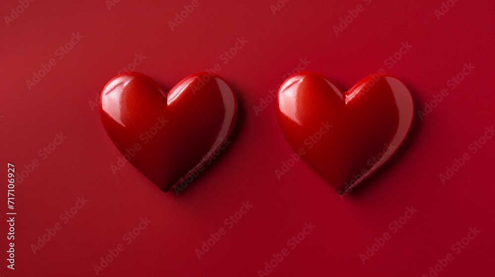 photo two red hearts against red background