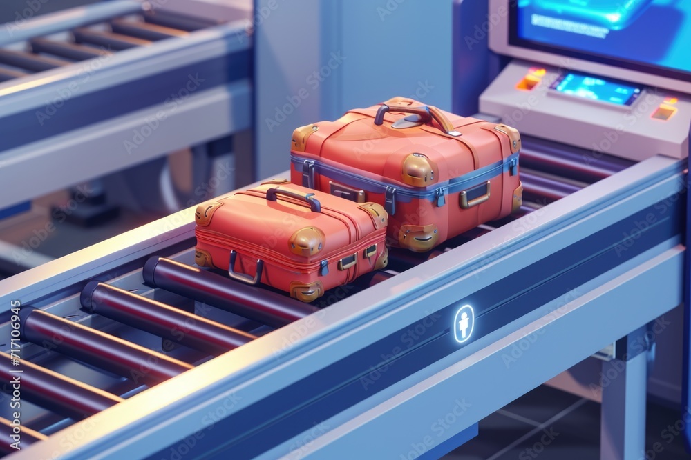 A conveyor belt with three suitcases moving along it. This image can be used to depict travel, transportation, or luggage handling A conveyor belt with three suitcases moving along it. This image can be used to depict travel, transportation, or luggage handling