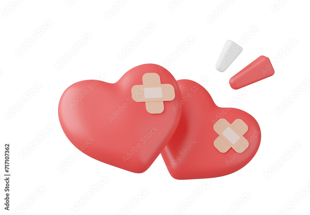 3D render, Minimal broken and wound red heart with plaster carefully gesture isolated on background, repair heart, icon element for social media and mock up, love concept. 3D render, Minimal broken and wound red heart with plaster carefully gesture isolated on background, repair heart, icon element for social media and mock up, love concept.