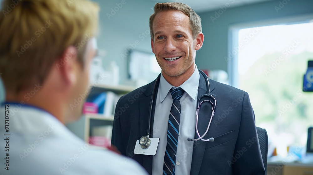 Obraz premium A charismatic doctor in a sharp suit and tie, offering a reassuring smile to a patient in a well-appointed medical consultation room, exemplifying the perfect blend of professional