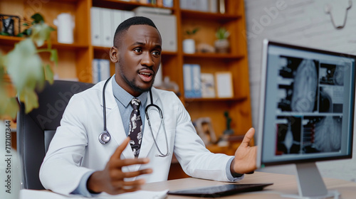 A stylish male doctor conducting a telemedicine consultation, showcasing the intersection of modern healthcare and fashion-forward professionalism.