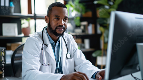 A stylish male doctor conducting a telemedicine consultation, showcasing the intersection of modern healthcare and fashion-forward professionalism.