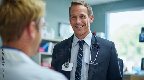 A charismatic doctor in a sharp suit and tie, offering a reassuring smile to a patient in a well-appointed medical consultation room, exemplifying the perfect blend of professional photo