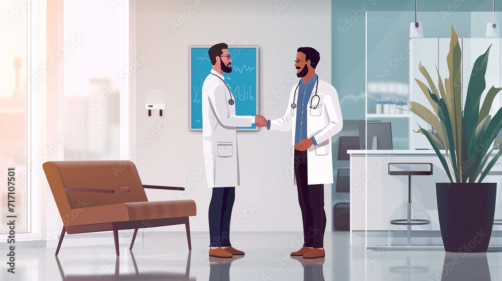 A stylish male doctor offering a warm handshake to a patient in a modern waiting room, showcasing the importance of a friendly and approachable demeanor in healthcare.