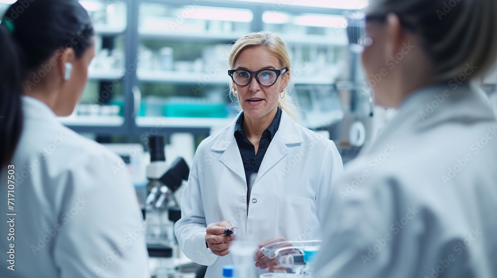 An attractive doctor in fashionable professional attire, discussing medical research findings with a team of researchers in a contemporary laboratory setting.