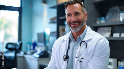 A handsome doctor with a confident demeanor, utilizing modern medical technology to conduct a thorough examination in an upscale and aesthetically pleasing medical office.
