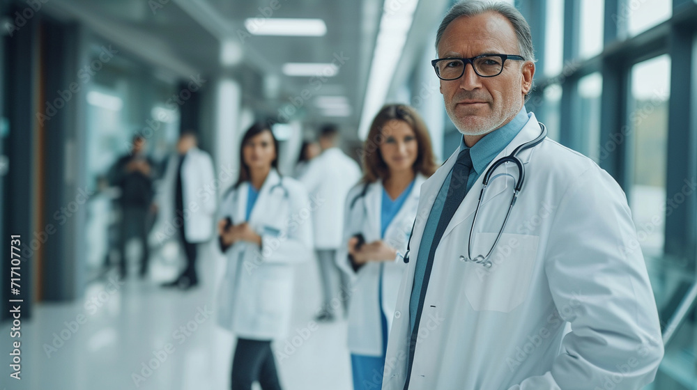 A dapper doctor in a well-fitted suit, confidently leading a medical team during rounds in a contemporary hospital, radiating authority and style. A dapper doctor in a well-fitted suit, confidently leading a medical team during rounds in a contemporary hospital, radiating authority and style.