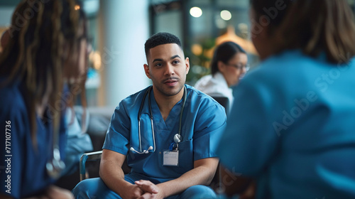 A stylish male doctor in trendy medical scrubs, engaging in a discussion with fellow healthcare professionals in a comfortable and collaborative hospital lounge area.