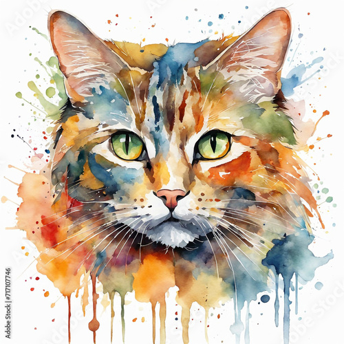 This is a vibrant watercolor painting of a cat   s face  with intense green eyes and detailed fur pattern  surrounded by splashes of various colors. The main focus is on the cat   s face.