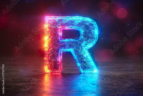 Letter R - colorful glowing outline alphabet symbol on blue lens flare dark background photo