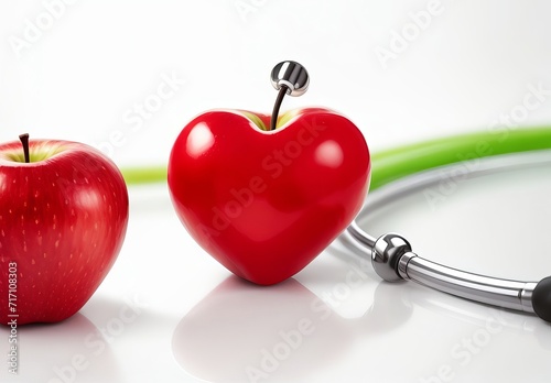 Heartbeat line on red apple and stethoscope hea photo