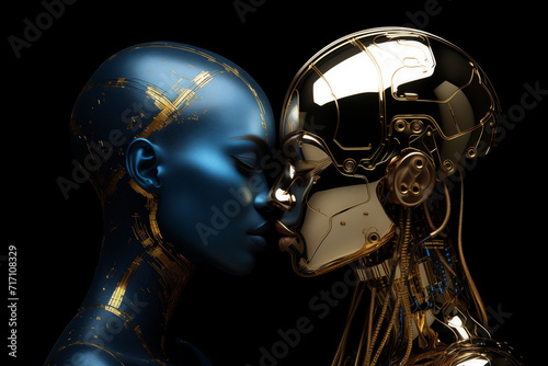 A robot and a woman kissing on a black background.