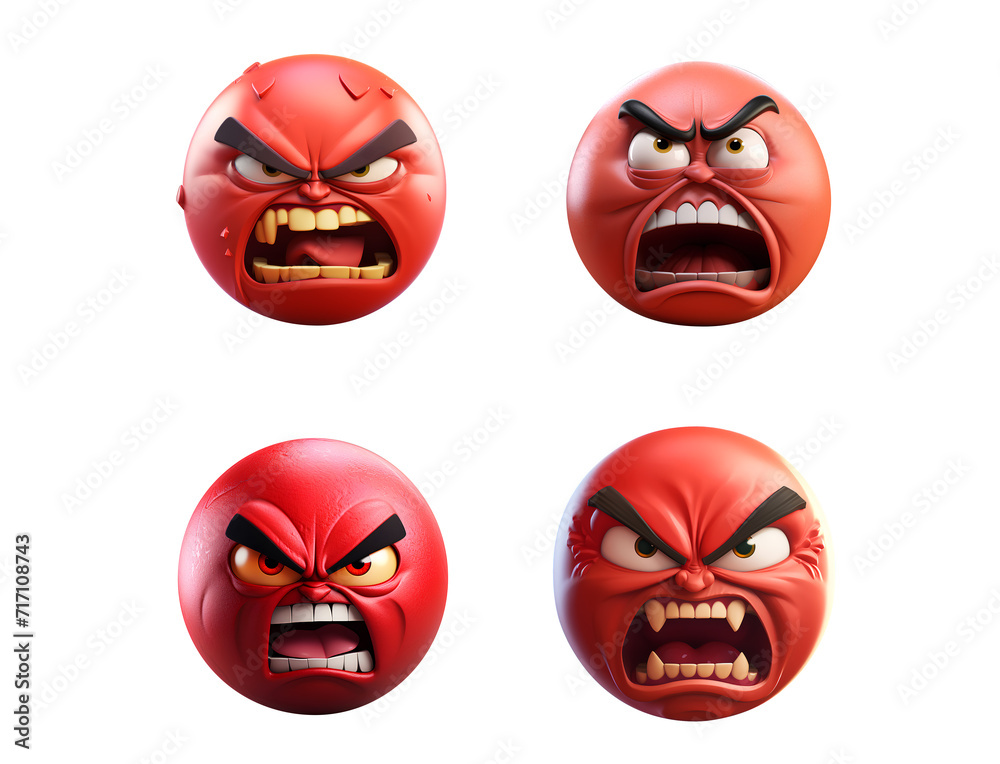 Collection of four mad angry and irritated PNG cartoon emojis or icons | Fuming red face with provoked looks 