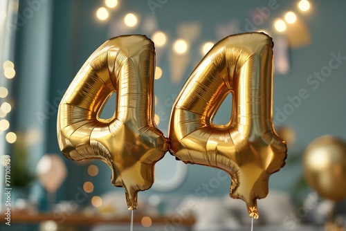 44. Geburtstag, "44" aus goldenen Heliumballons, festlicher Hintergrund