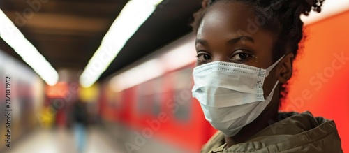 A masked African girl in the subway.