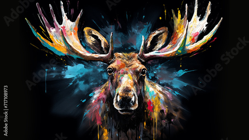 moose from front, all recovered of different paint brushes colors, black background , painting style photo