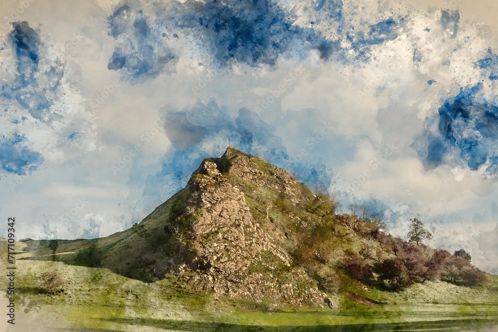 Digital watercolour painting of Beautiful landscape image of Parkhouse Hil viewed from Chrome Hill in Peak District National Park in early Autumn Digital watercolour painting of Beautiful landscape image of Parkhouse Hil viewed from Chrome Hill in Peak District National Park in early Autumn