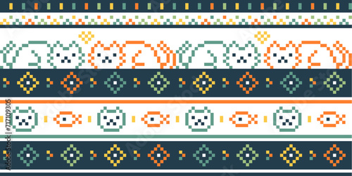 Pixel Cat seamless pattern, Bohemian style tribal cat pattern design for textile, fashion, print pattern.