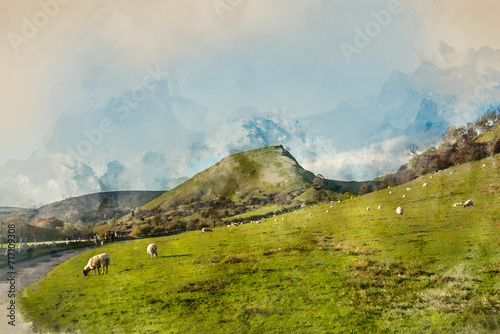 Digital watercolour painting of Beautiful landscape image of view along country lanes towards Chrome Hil in Peak District Nationa lPark in England photo